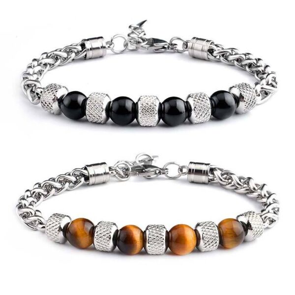 Komi Natural Tiger Eye Stone Bracelet Titanium Steel Adjustable Beaded String Bracelets Cuff Bangles for Men Birthday Gifts