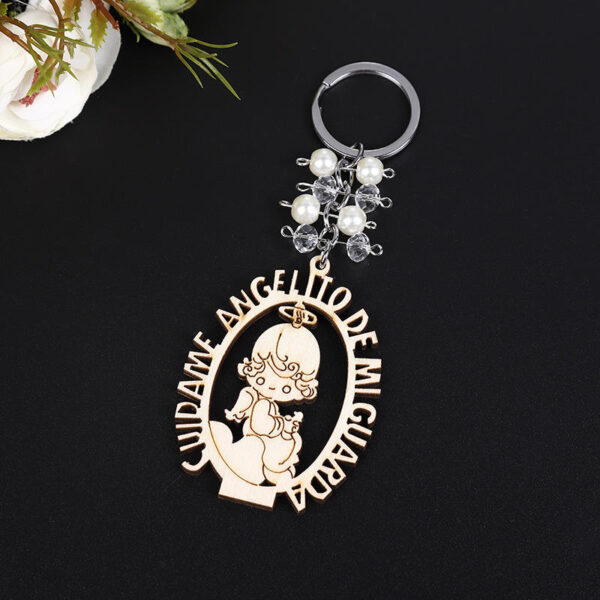 KOMI Hot Saling Baptism Keychain Little Angel Keyrings Wooden Boys and Girls Charms Key Chain Rings with Pearl Beads Keychains