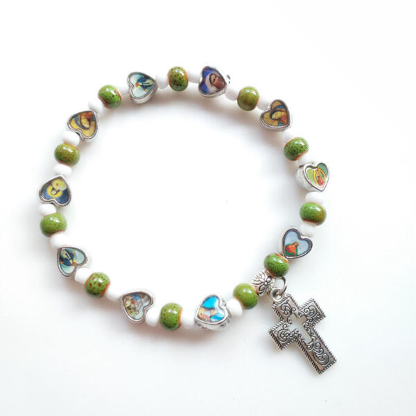 KOMI Hot Selling Multicolor Ceramic Hollow Cross Religious Mary Jesus Virgin Elastic Beading Bracelet