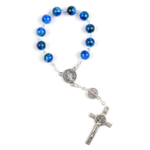 Komi 6mm Christian Glass Blue Beads Rosary Crucifix St.Benedict Pendant Prayer Rosary Bracelet