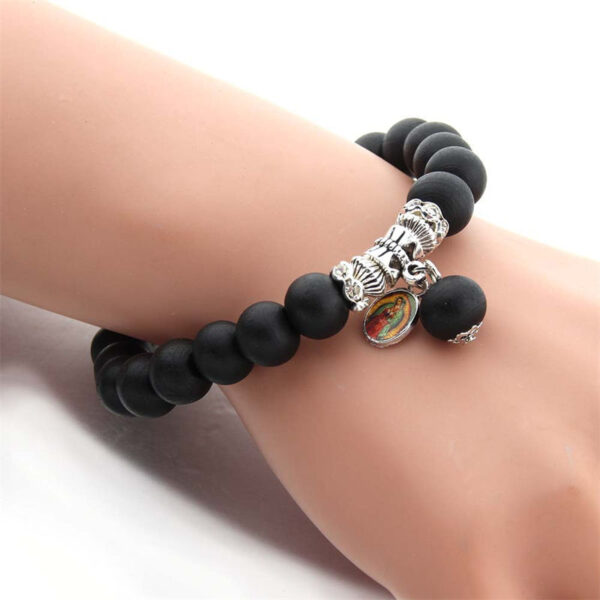 H16f04679abc64306a8c470cb15ca1b61G KOMI Couple Black Brown Wood Beads Elastic Rope Bracelet Jesus Cross Virgin Mary Medal Charms Bracelet for Women Men Gift