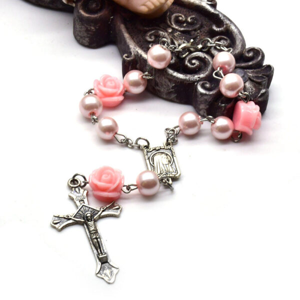 H17712817f8d046b7abeb7490f93dd02ey KOMI Pearl Large Resin Rose Rosary Bracelet Cross Pendant Religious Jewelry