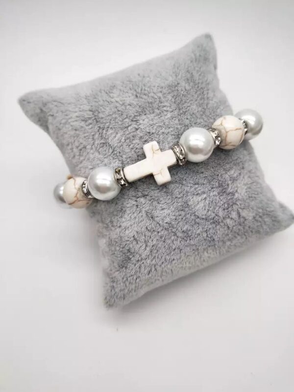 H1957260be5c94e988fe7bf707d6169fbP Hot Sale Pearl Turquoise Cross Beaded Bracelet Elastic Rope Strand Handmade Bracelet