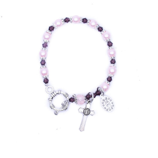 H1cb9fb67161848dda49677f9a7080db2B New Design Catholic Women's Pink Glass Pearl Plating Alloy Bracelet Rosary Cross Charm Keepsake Purple Crystals Bracelet
