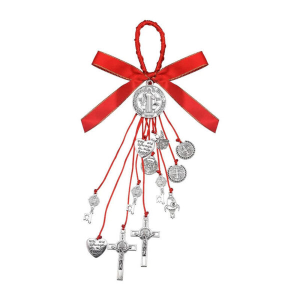 KOMI Silver St. Benedict Medals Keys Crucifix Cross Charms Pendants Ribbon Rope Hanging for Car Accessories Door Home Decoration