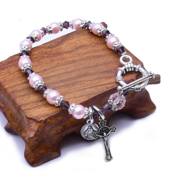 H1e09d466d5a047fa89b4011c323da4058 New Design Catholic Women's Pink Glass Pearl Plating Alloy Bracelet Rosary Cross Charm Keepsake Purple Crystals Bracelet