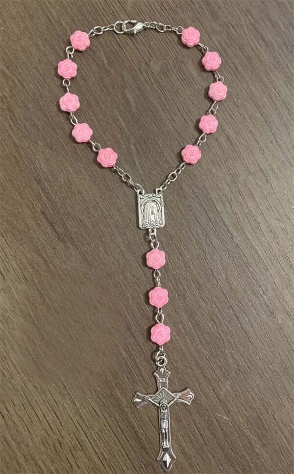 KOMI Beads Bracelet Shell Rose Flower Pearl Beaded Rosary Bracelets with Cross Pendant for Men Women