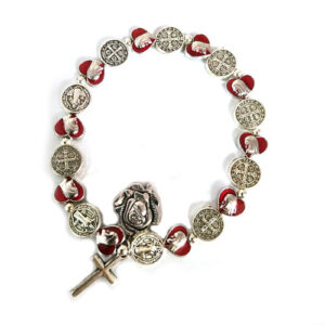 St. Benedict Medal and Red Heart Shaped Medal Bracelet with Cross and Maria Dedal