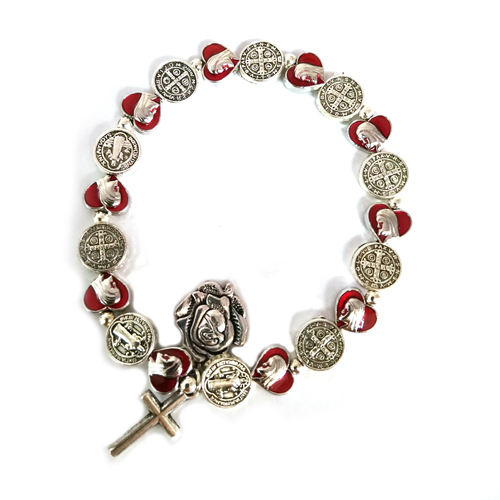 St. Benedict Medal and Red Heart Shaped Medal Bracelet with Cross and Maria Dedal