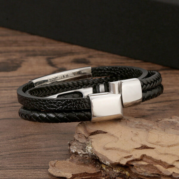KOMI Mens Cuff Bracelet Bangles Black Leather Bracelets with Stainless Steel Buckle Cross Charms Bracelets Bangles for Men Gifts