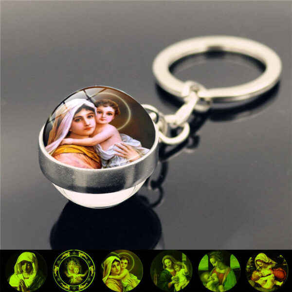 KOMI Virgin Mary Luminous Keychain Double-sided Keyrings Crystal Glass Ball Pendant Metal Keychains Religious Craft Gifts