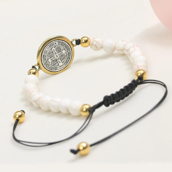 KOMI 8mm Turquoise Beaded Bracelets Round Coin Saint Benedict Medal Charm Adjustable Stretch Bracelets Bangles for Men Women