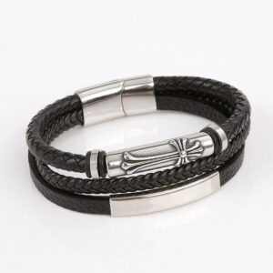 KOMI Mens Cuff Bracelet Bangles Black Leather Bracelets with Stainless Steel Buckle Cross Charms Bracelets Bangles for Men Gifts