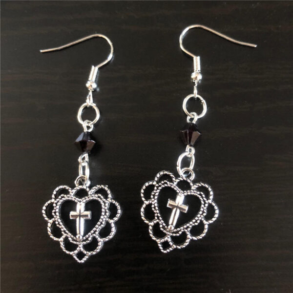 H2080386690a34808b85b97e59d672ee9K Gothic-Punk Style Heart-Shaped Hollow Religious Cross Pendant Earrings Paired With Black Opal Crystal Bead Earrings Accessories
