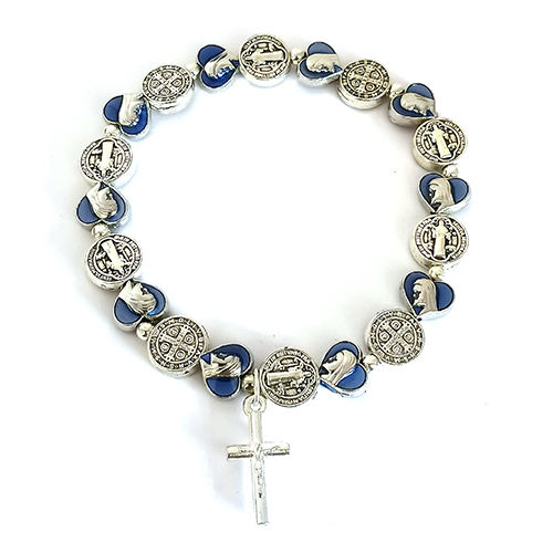 St. Benedict Medal and Blue Heart Shaped Medal Bracelet with Cross and Maria Dedal