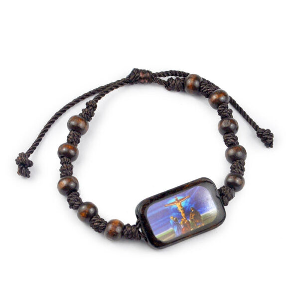 KOMI Natural Wooden Beaded Bracelet String Knotted Holy Family Charms Bracelets Adjustable Catholic String Bangles for Men Women