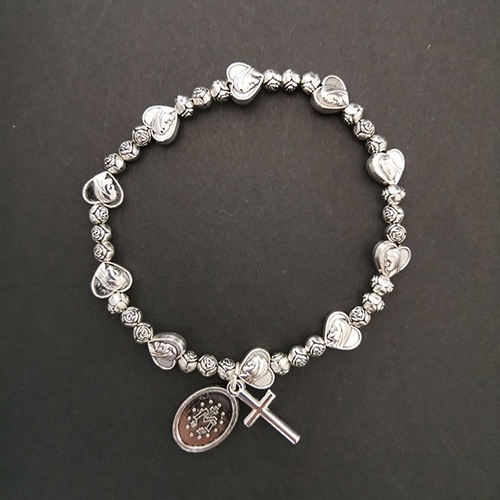 Handmade Rosary Bracelet Elasticated Metal Bracelet Round Rose Heart Shape Medal and Alloy Rose Beads Prayer Bracelets