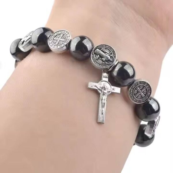 Catholic Rosary Hematite Beads Bracelet Saint Benedict Alloy Medal Unisex Jesus Cross Religious Jewelry