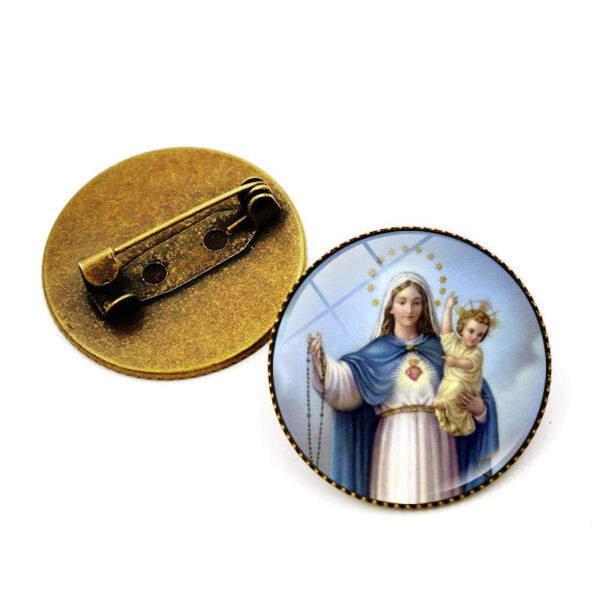 KOMI Wholesale Vintage Anti-Bronze Round Glass Virgin Mary Medal Brooch Badge Personality Accessories Clothes Brooch Pins