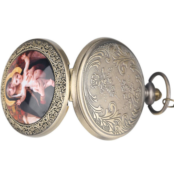 KOMI Wholesale Vintage Classic Large Pocket Watch Religious Virgin Mary and Jesus Motif Quartz Pocket Watch for Men Women Gift