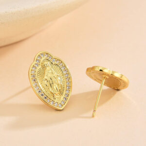 KOMI Gold CZ Virgin Mary Stud Earrings for Women Trendy 14K Gold Plated Cubic Zirconia Shield Madonna Earrings Studs for Women