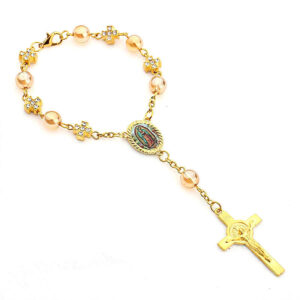Komi Auto Rosary Glass Pearl Beads Catholic Bracelet Crucifix Divine Mercy Gift Rosary Bracelet