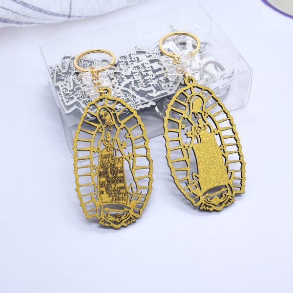 H2a6d8f07657d4476bddbdb7824bec4c61 Foreign Trade Baptism Key Chain Wooden Card Key Chain Guadalupe Gold and Silver Powder Wedding Jewelry Pendant