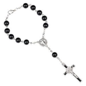 Komi Wholesales 8mm Christian Black Round Glass Beads Rosary Crucifix Virgin Mary Pendant Bracelet