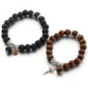 H2ba19d91e7494fc4b9c9689867c81ba72 KOMI Couple Black Brown Wood Beads Elastic Rope Bracelet Jesus Cross Virgin Mary Medal Charms Bracelet for Women Men Gift