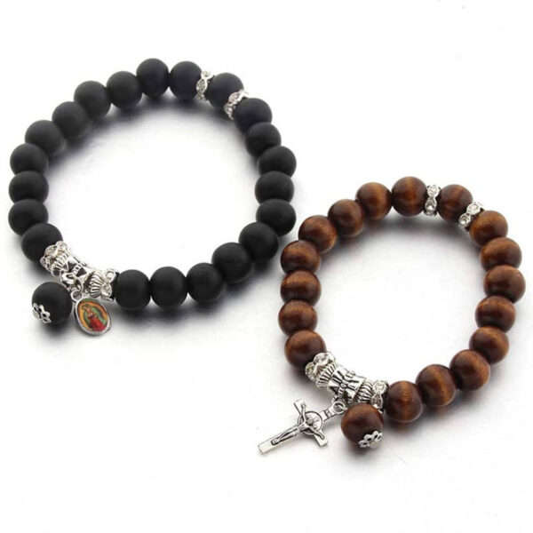 H2ba19d91e7494fc4b9c9689867c81ba72 KOMI Couple Black Brown Wood Beads Elastic Rope Bracelet Jesus Cross Virgin Mary Medal Charms Bracelet for Women Men Gift