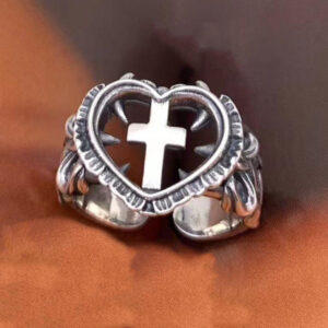 H2da0e8f111cd42d4be4c33f613d8ef3ak KOMI Anti Silver Cross Heart Rings Adjustable Ring Religious Christian Silver Large Heart Cross Open Rings for Women Men Gifts