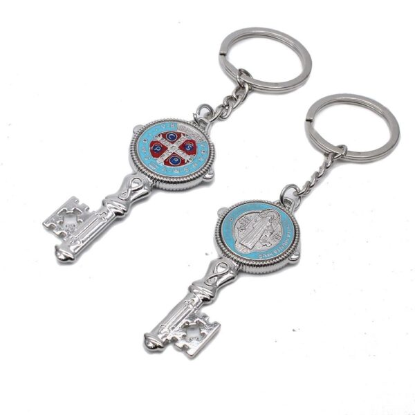 Hot Selling Saint Benedict Key Shaped Pendant Key Chain Jesus Crucifix Ring Holder Religious Trinket Metal Keychain