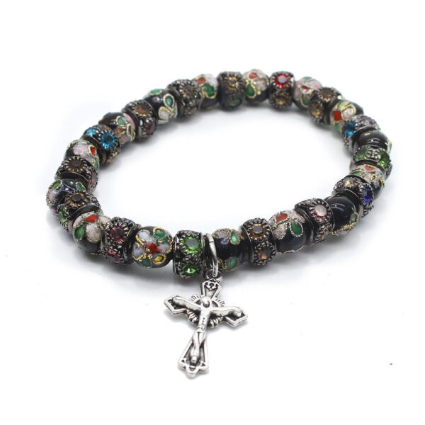 New Design Cloisonne Beads Beaded Cross Stretch Rosary Bracelet with Crucifix Elastic Rope Bracelet for Women