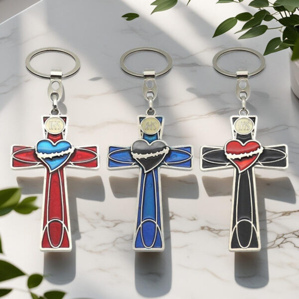 KOMI Christian Cross Keychains for Women Colored Enamel Heart Cross KeyChain for Men Cross Pendant Keyrings for Car Baptism Gift