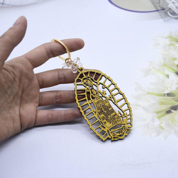 H308288d2a83042a480ea02122bc6954e7 Foreign Trade Baptism Key Chain Wooden Card Key Chain Guadalupe Gold and Silver Powder Wedding Jewelry Pendant
