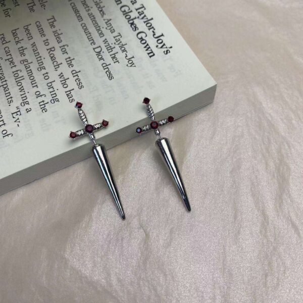 KOMI Vintage Cool Red Crystal Sword Dagger Cross Earrings Studs Original Halloween Gothic Earrings for Girls Boys Party Gifts