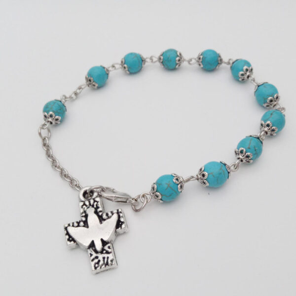 H32229101fe874c3c9b1c68feeb19f1d0e Komi Wholesales Religious Turquoise Beads Peace Dove Cross Pendant Rosary Bracelet