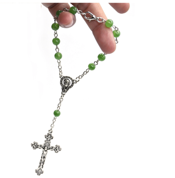 Komi Religious Catholic Green Bead Ring Rosary Communion Gifts Metal Crucifix Pendant Rosary Bracelets