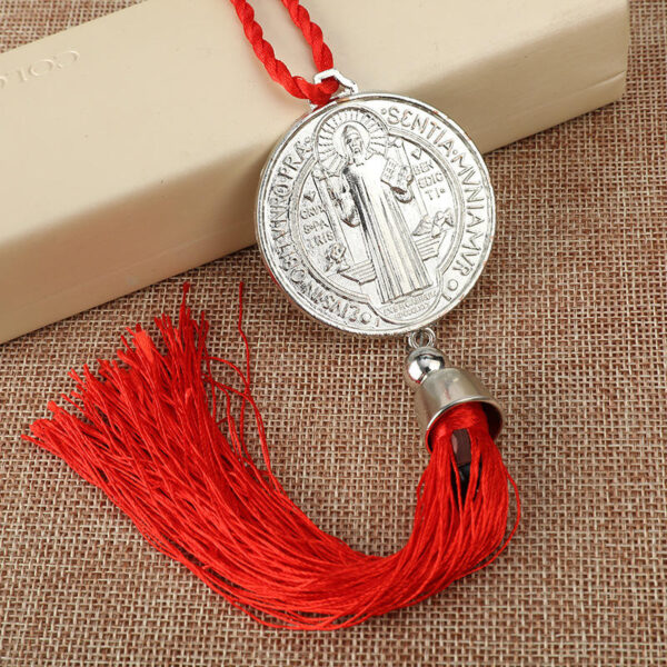 KOMI Silver St. Benedict Round Coin Medal with Tassel Fringes Car Hangings Pendant for Men Women in 3 Colors