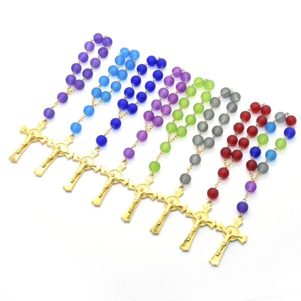 H34edc291124749c8be954e35e6d8ac8bu Komi Wholesale Colorful 6mm Glass Beads Cross Rosay Bracelet Religious Prayer Bracelet Safe Car Accessories Pendant