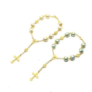 Komi Catholic Religious Glass Pearl Rosary Bracelet First Communion Prayer Bracelet with Crucifixand Miraculous Medal