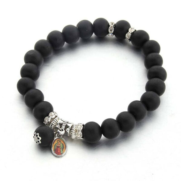 H37b28961fed34aafb42fb65c5c7455e8G KOMI Couple Black Brown Wood Beads Elastic Rope Bracelet Jesus Cross Virgin Mary Medal Charms Bracelet for Women Men Gift