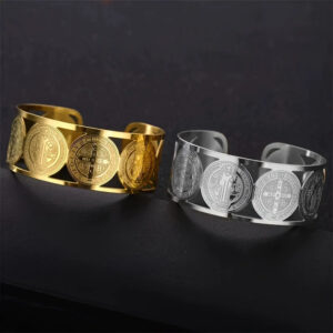 KOMI Stainless Steel Saint Benedict Cross Bracelet for Women Silver Gold Chunky Religious Cuff Bangles for Christian Prayer Gift