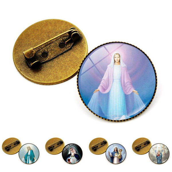 KOMI Wholesale Vintage Anti-Bronze Round Glass Virgin Mary Medal Brooch Badge Personality Accessories Clothes Brooch Pins