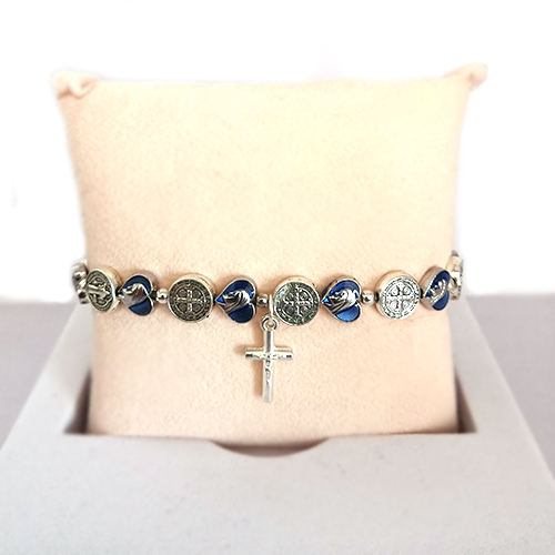 St. Benedict Medal and Blue Heart Shaped Medal Bracelet with Cross and Maria Dedal