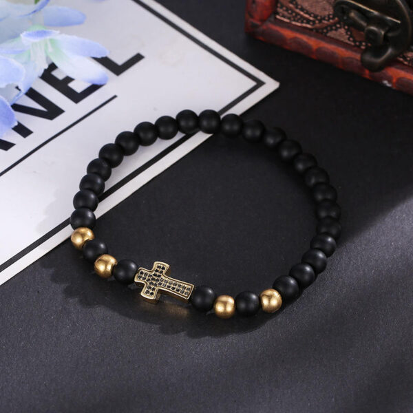 H3ae5955d72b04d1c80cfc23fad3fb11eH Komi Hot Selling Copper Microinset Cross Multicolor Zircon 6mm Black Frosted Stone Religious Bracelet