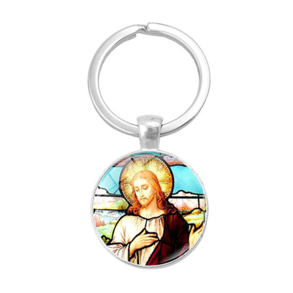 H3b92b68e82c342a9a87f98943fd10d57S Notre Dame Jesus Time Gemstone Keychain Pendant Creative Small Gift Religious Jewelry Metal Keyring