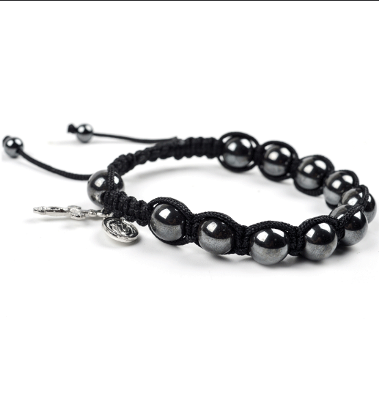 Komi Black Gallstone Beads Bracelet Metal Cross Pendant Catholic Knitted Woven Bracelet