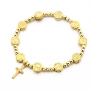 Hot Selling Alloy Bracelet Gold Round Beads Saint Benedict Cross Pendant Bracelet Religious Elastic Line Beaded Bracelet