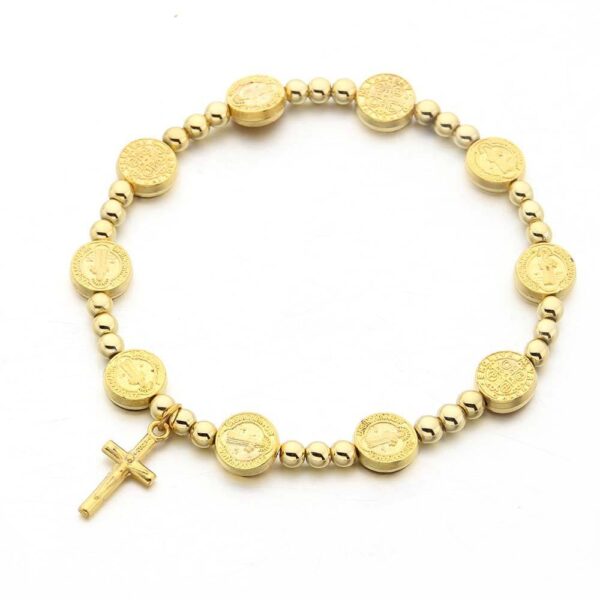 Hot Selling Alloy Bracelet Gold Round Beads Saint Benedict Cross Pendant Bracelet Religious Elastic Line Beaded Bracelet
